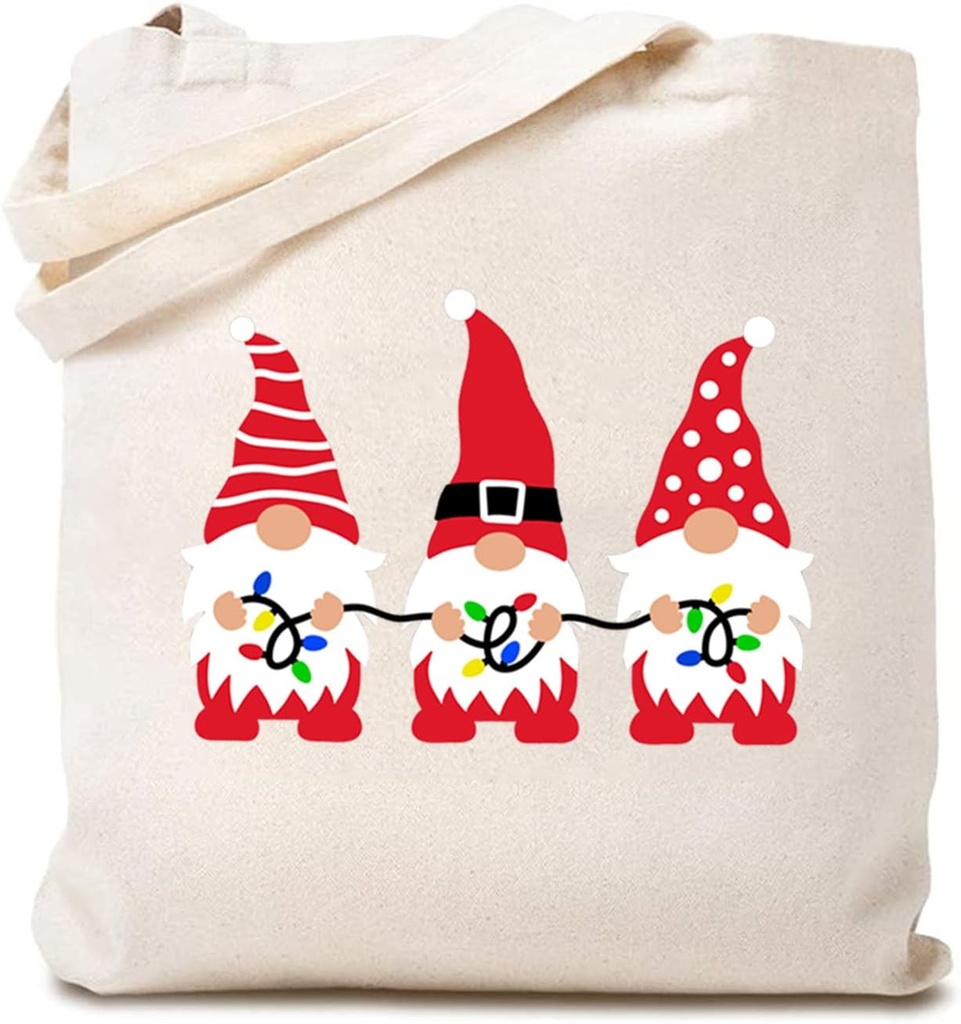 TSIIUO Women's Gnome Christmas Canvas Tote Bag Gnome Lover Casual Tote Bag Holiday Reusable Shopping Bag Funny Gifts