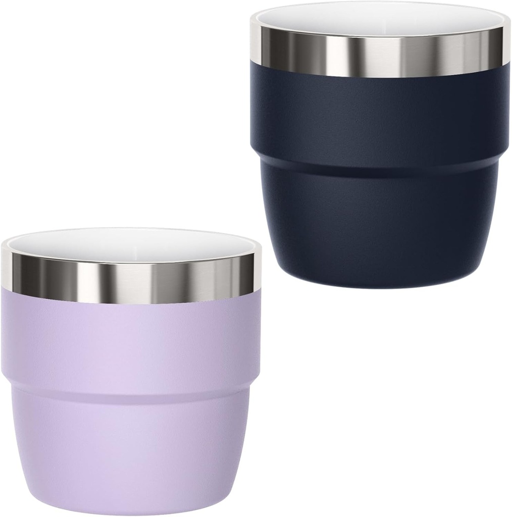 4 oz Espresso/Coffee Cup, Ceramic-Lined 18/8 Stainless Steel, Double-Wall Vacuum Insulated, Stackable, Dishwasher Safe, Fits Most Espresso Machines (Lilac & Navy, 2 Pack)