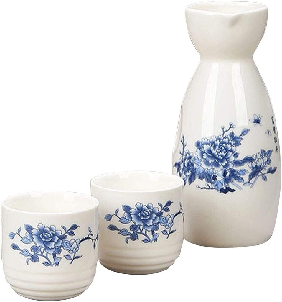 Hand Painted Ceramic Sake Set with 1 Sake Pot & 2 Cups, Handmade Porcelain, 175ml Japanese Design, Ideal Gift Set for Adults