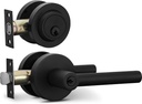 Berlin Modisch Entry Lever Door Handle and Single Cylinder Deadbolt Lock and Key Sleek Round Locking Lever Handle Set [Front Door or Office] Right & Left Sided Doors Heavy Duty – Iron Black Finish