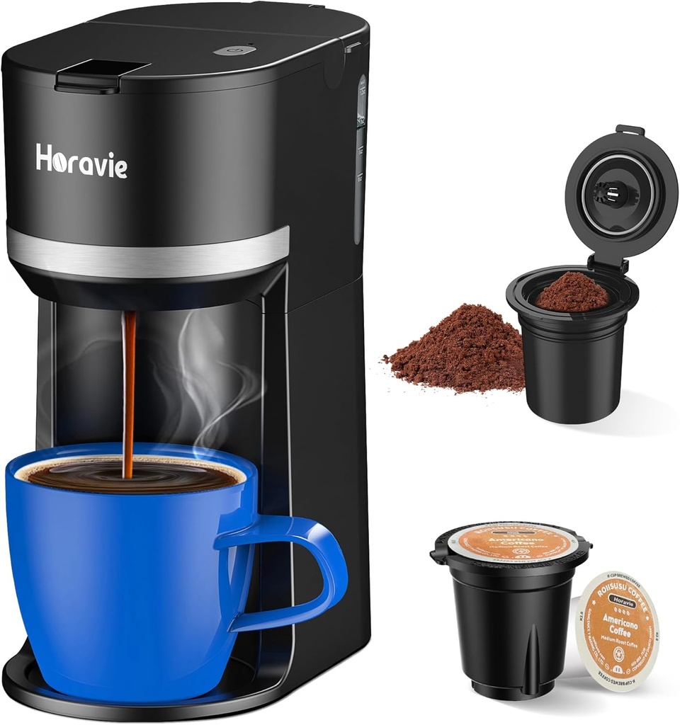 Small Single Serve Coffee Maker for K Cup and Grounds, Fast Brew One Cup Coffee Machine with 12 Oz Reservoir, Compact Size for Home Office RV and Travel, Black