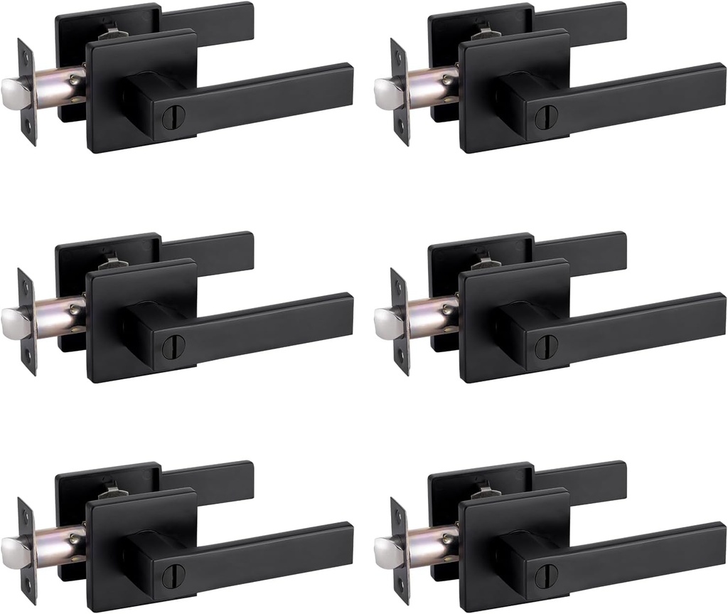 Privacy Door Handle Keyless No Key with Lock Set, Heavy Duty Reversible Interior Door Lever for Bedroom Bathroom, Square Door Lock for Left & Right Handed Doors (6 Pack, Matte Black)