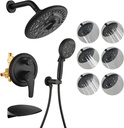 SHAMANDA Luxury Tub Shower Faucet Set with Round-in Valve, Wall Mounted Shower System with Waterfall Tub Spout and 6-Setting Rain Shower Head with 9-Setting Handheld, Matte Black, L8083-7