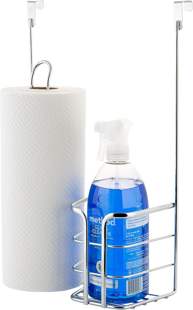Kitchen Details 2-in-1 Over The Cabinet Organizer | Cleaning Supplies Storage | OTC Door Mount | Paper Towel Holder | Soap Bottle Basket | Space Saver | Kitchen | Pantry | Bathroom | Chrome