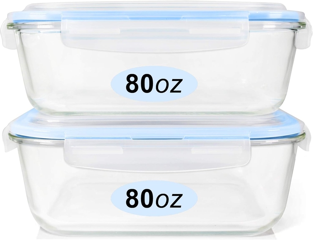 Glass Food Storage Containers Set, Large Size Containers with Lids, BPA-free Locking lids, 100% Leak Proof Glass Meal Prep Containers, Freezer to Oven Safe (2 Pack of 80oz)