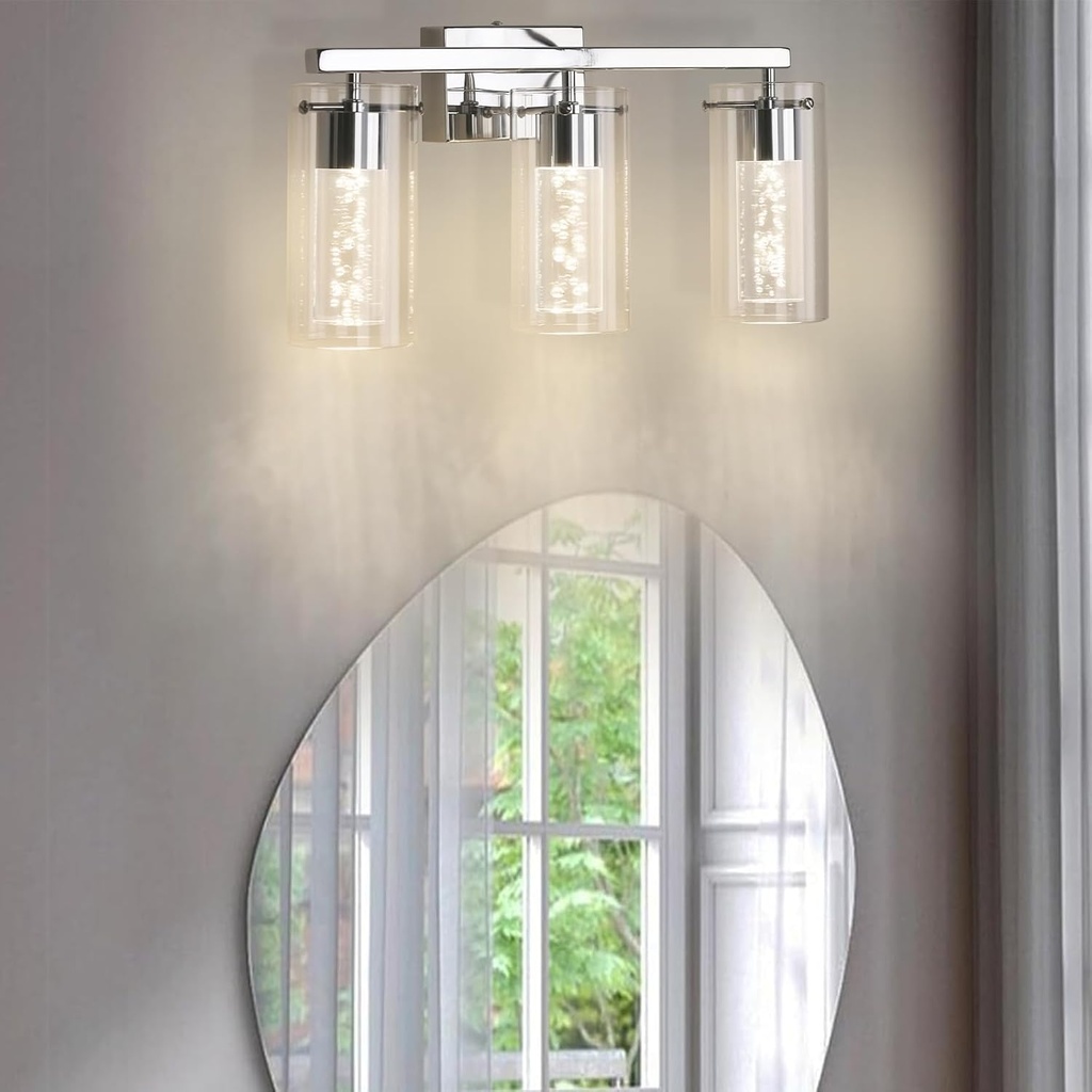 Brushed Nickel Vanity Lights 3-Light LED Bathroom Light Fixtures, Wall Sconce Lighting with Crystal Bubble Glass Dimmable Modern Bathroom Wall Lights fixtures Over Mirror