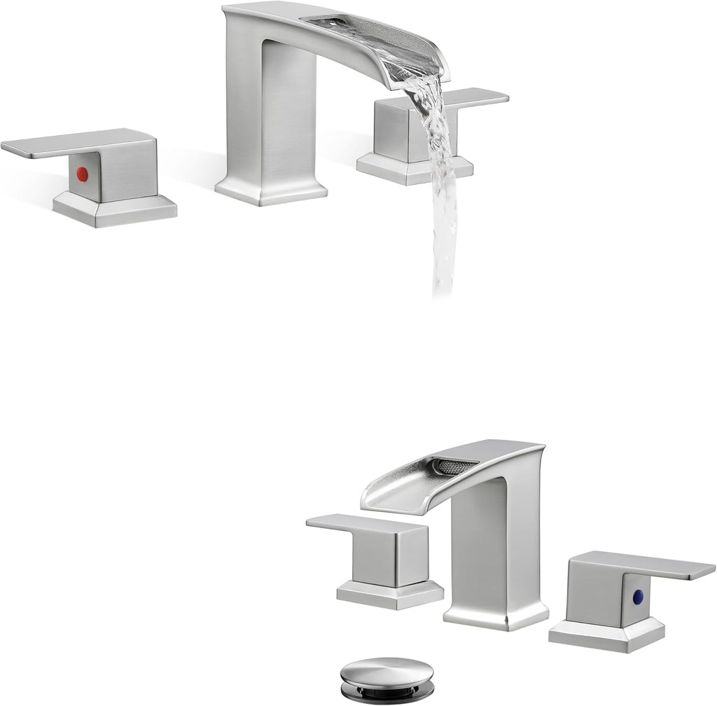 Brass Waterfall Bathtub Faucet Set 3 Hole, 2 Handle Roman Tub Faucet 6-16 Inch, Bathroom Waterfall Faucet, 4-16 Inch Brushed Nickel Widespread Bathroom Faucet 2 Handles Bathroom Sink Faucet