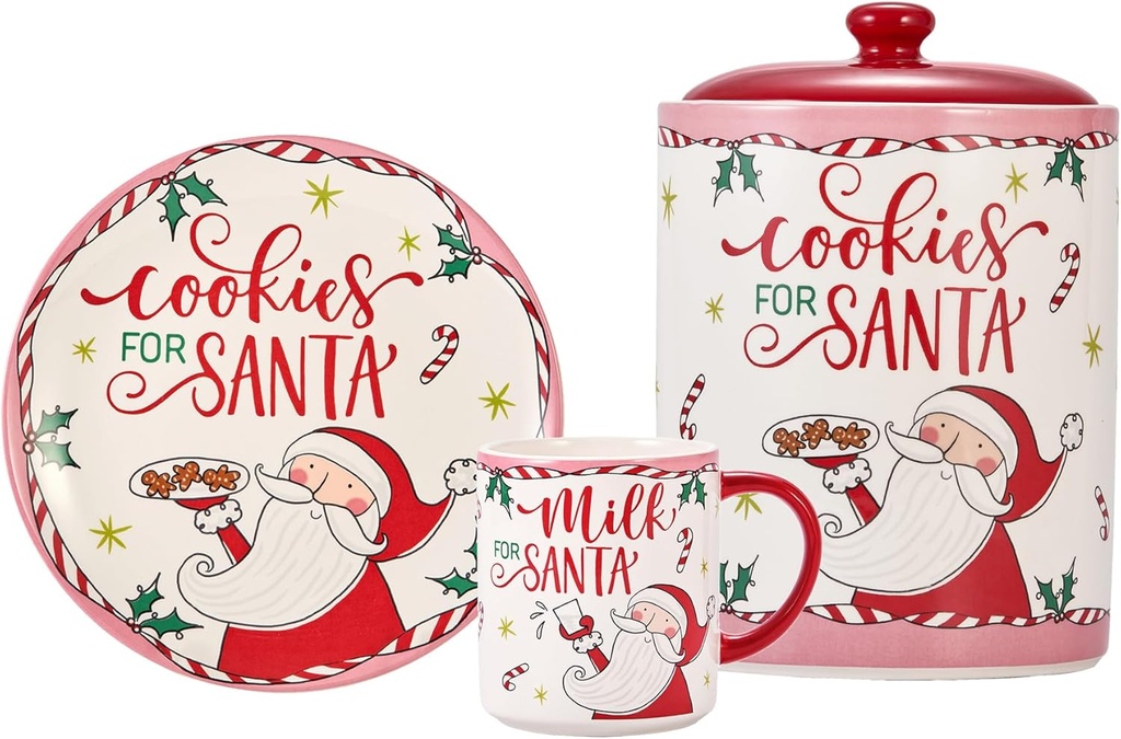 Bico Cartoon Santa Claus Milk & Cookies for Santa Set – Ceramic Cookie Jar, Plate & Mug – Christmas Eve Tradition for Kids, Holiday Kitchen Decor & Gift