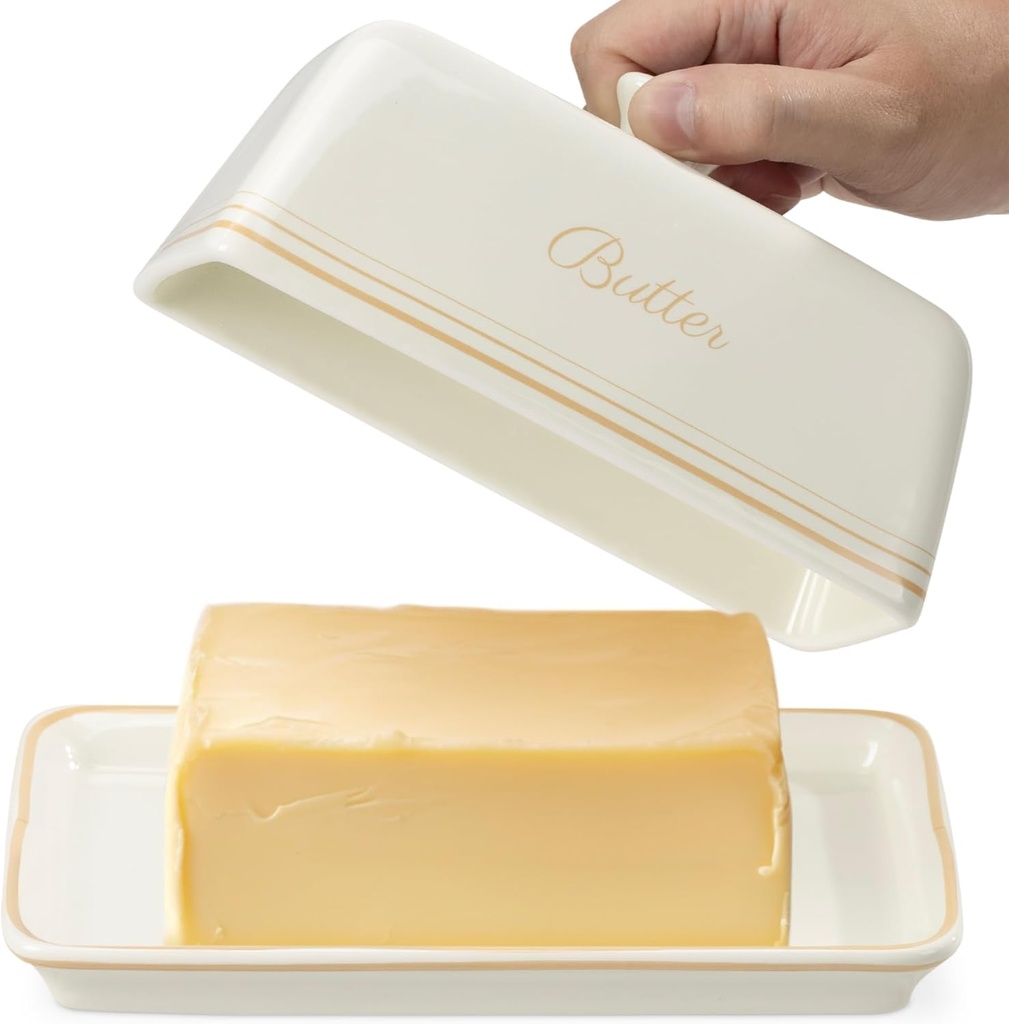 Navaris Butter Dish with Lid - Stoneware Holder Container with Cover - Holds 250g of Butter (5.3oz) - Safe for Microwave Freezer Oven Dishwasher - Cream White