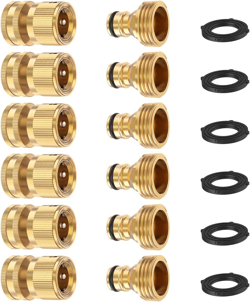 Garden Hose Quick Connector, Solid Brass 3/4 Inch Thread Fitting No-Leak Water Hose Female and Male Easy Connect (6 Sets)