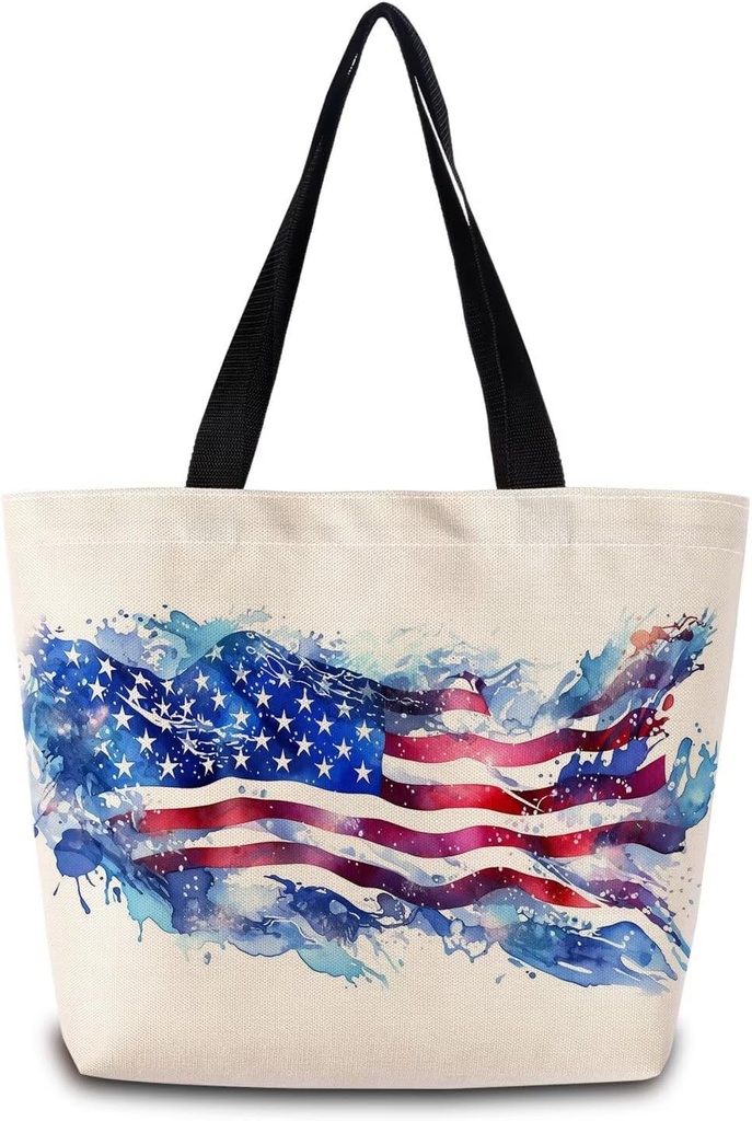 USA Flag Tote Bag Reusable Grocery Bags Cute Aesthetic Shopping Shoulder Handbag with Interior Zipper Pocket Lightweight & Washable Stylish USA Flag Present for Women