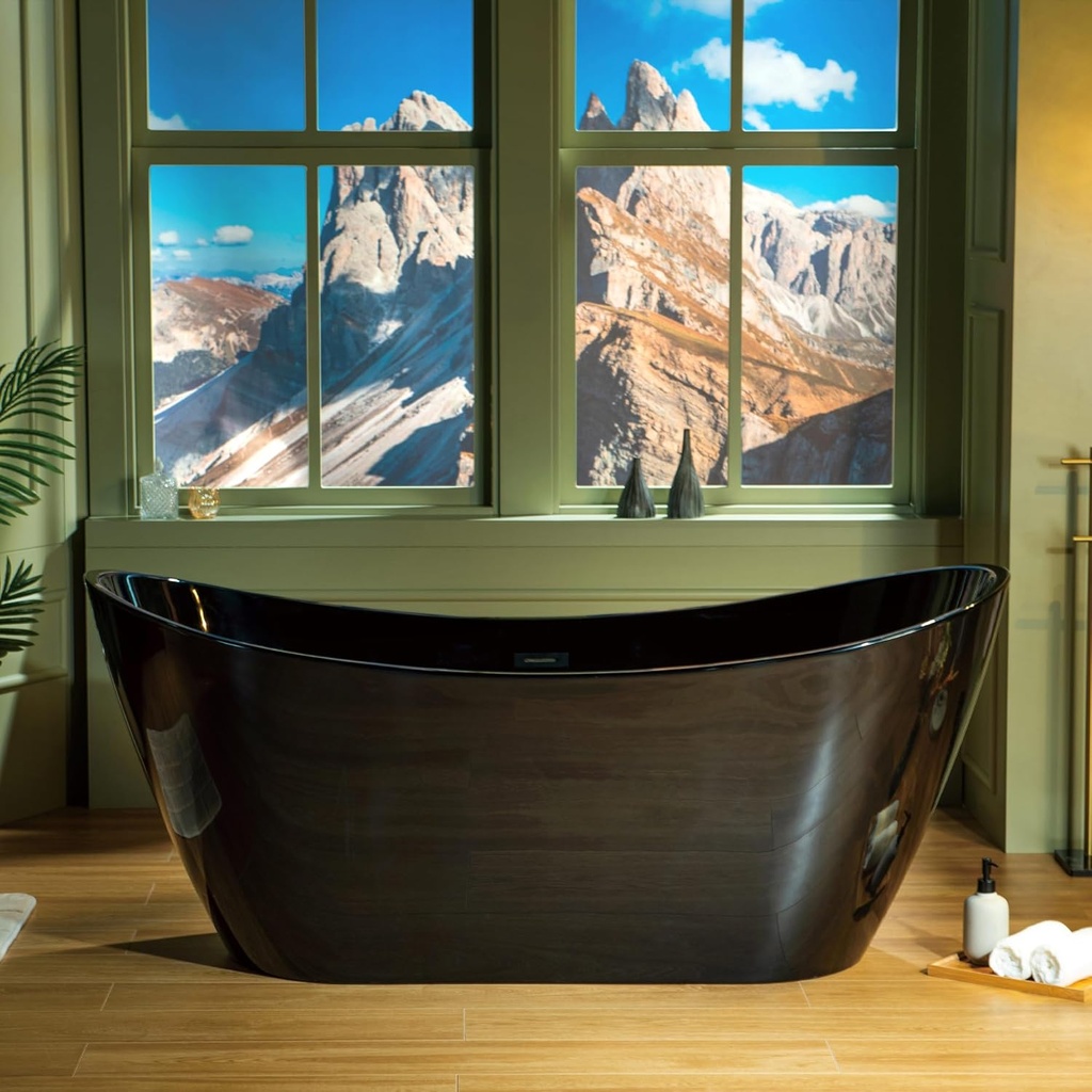 WOODBRIDGE 67" L x 31-1/2" W Freestanding Contemporary Acrylic Soaking Bathtub in Glossy Black Inside and Outside with Matte Black Drain & Overflow, Black, B8810-MB