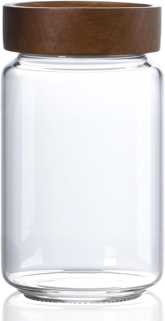 24 oz/710 ml Glass Jar with Airtight Wooden Screw Top Lid, Clear Stackable Food Storage Canister, Medium Cute Decorative Glass Container for Coffee, Candy, Cookie, Sugar, Oatmeal, Salt, Spice
