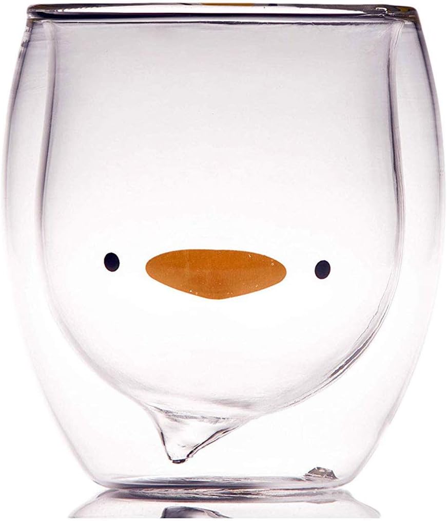 HwaGui - Personal Double Wall Glass Cup, Cute Duck Mug, Milk, Coffee, Tea Cups for Birthday Present, 250ml/8.4oz