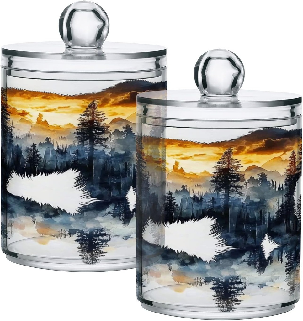 Acrylic Plastic Clear Jar with Lid, Bear Forest Mountain Pattern Airtight Storage Jar 2 Pack Kitchen Storage Containers for Cookie Snack Candy