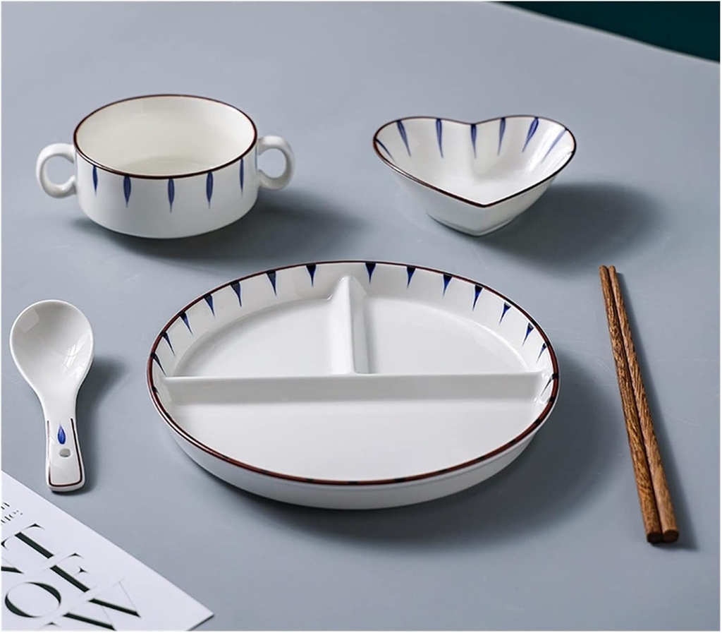 Weight Management Tableware - Adult Compartment Plate 6 Piece Cutlery Set with Bowl and Mug Serving Portion Control Ceramics Dinner Plate, Dishwasher Washable, Bpa Free (Color : 8inch Plate Set-B)