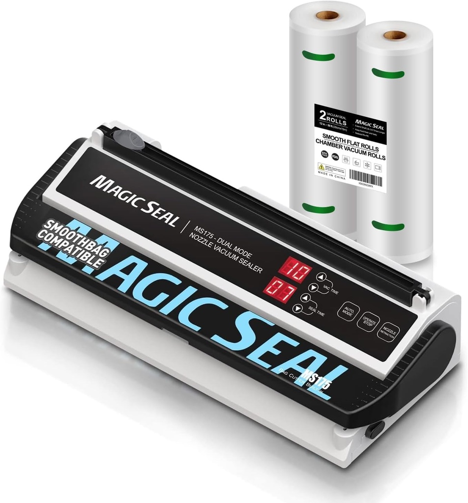 Magic Seal Vacuum Sealer + Smooth Flat bag Rolls (12''x50'-2 rolls)