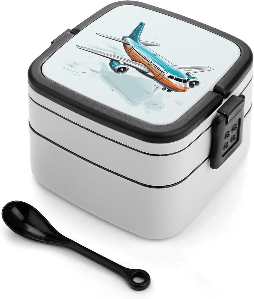 Cartoon Airplane Bento Box for Adults Double Layer Lunch Box with Spoon And Invisible Handle Microwave Dishwasher Safe Leak Proof Meal Prep Lunch Containers for Office Picnic