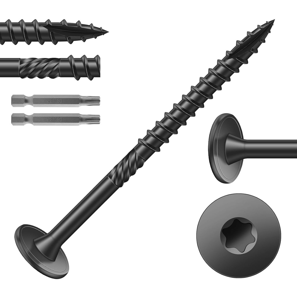 #14 x 3 Inch Outdoor Structural Wood Deck Screws (67Pcs/2lb), Carbon Steel, Black, Flat Head, Rust Resistant Epoxy Coated, T30 Star Bit