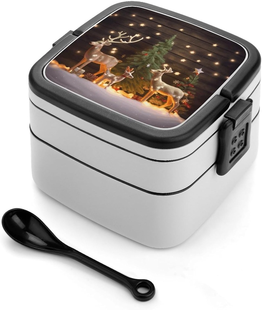 Christmas Trees Deer Bento Box Adult Stackable 2 Layers Containers Reusable Leakproof Lunch Containers for Adults Travel 33oz Lunchbox with Spoon Portable Bento Boxes, Microwave Dishwasher Safe