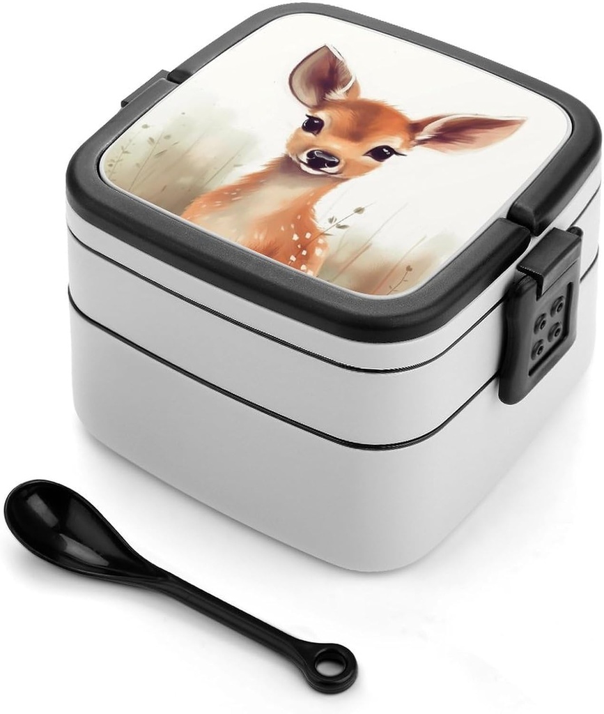 Cute Deer Bento Box, Reusable Double Layer Lunch Box with Handle & Dividers, 1000ml Leakproof Lunch Container for Office, Picnic, Travel