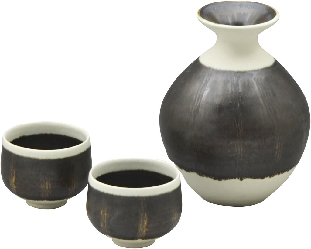 Kyoto Ware RHS196 Kiyomizu Ware Sake Pot, Kagetsu Kiln Glazed Line Crest Set