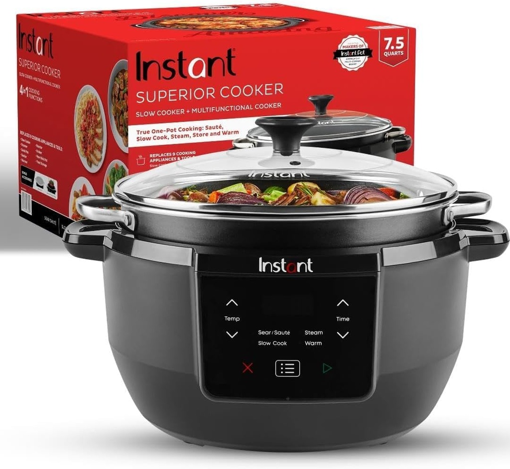 Instant Pot Superior Cooker Chef Series 7.5QT Slow Cooker & Multifunctional Cooker – Large Capacity Programmable Pot with One-Touch Smart Programs, Stainless Steel Design, Family Meal Prep Essential