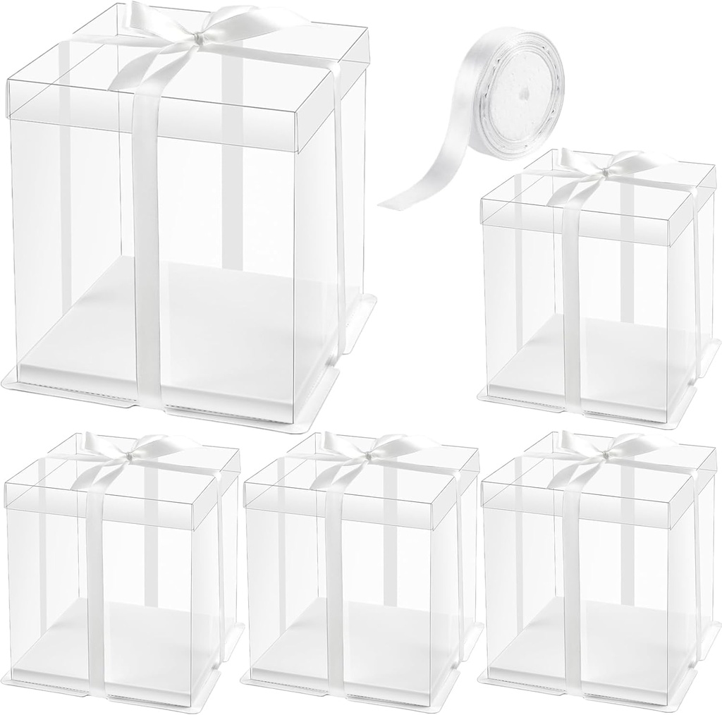 Ocmoiy 8x8x9Inch Clear Cake Box, 5 Pcs Cake Boxes with Ribbon Suitable for Packaging 6 Inch Cake, Disposable Cake Holder Carrier for Wedding, Birthday, Party