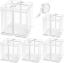 Ocmoiy 8x8x9Inch Clear Cake Box, 5 Pcs Cake Boxes with Ribbon Suitable for Packaging 6 Inch Cake, Disposable Cake Holder Carrier for Wedding, Birthday, Party
