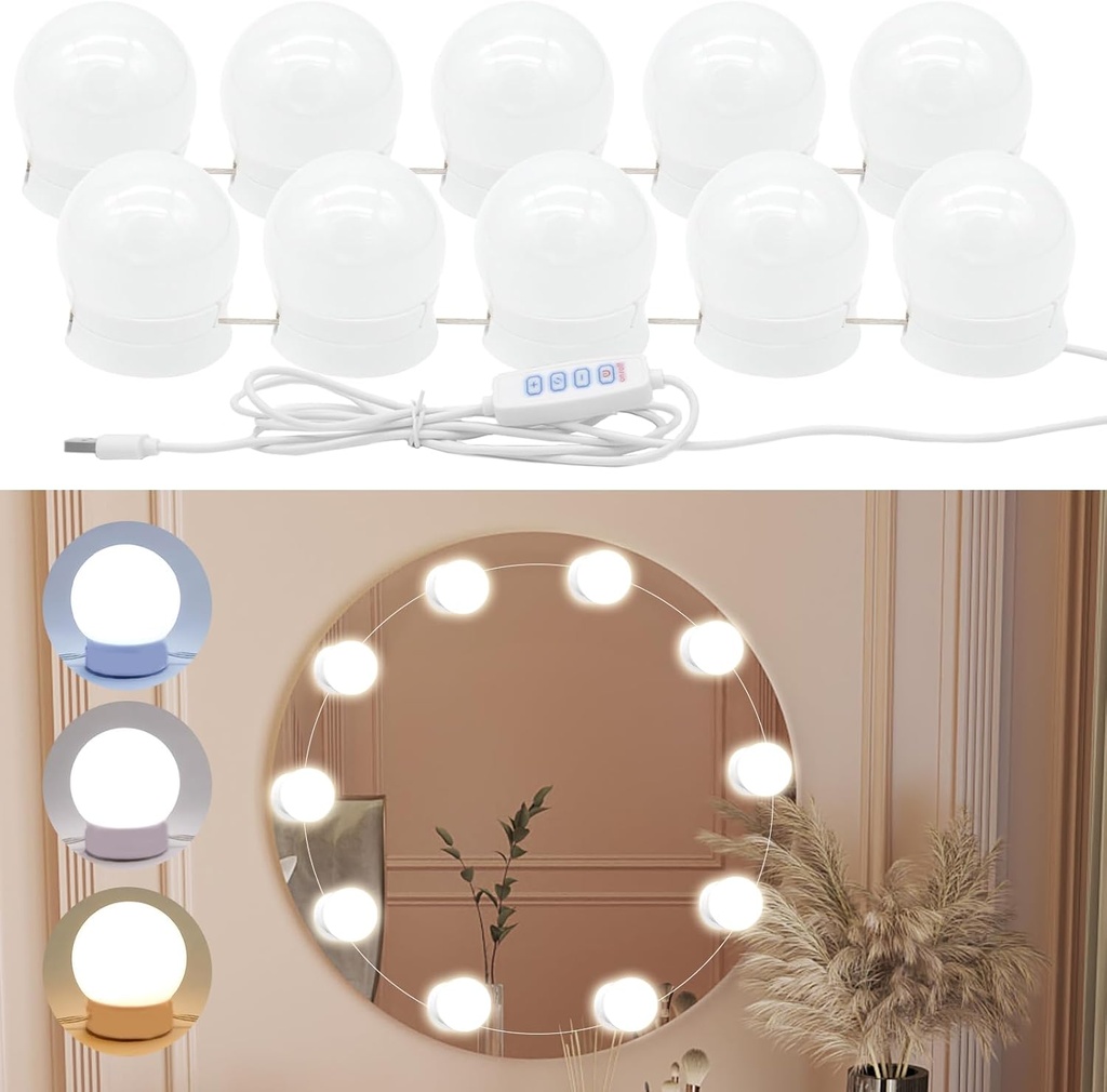 LED Vanity Lights for Mirror,Bathroom Vanity Light with 10 Dimmable Bulbs,Adjustable 3 Colors & 10 Level Brightness,Vanity Lighting Fixtures,Mirror Lights Stick on for Makeup Table Dressing Room