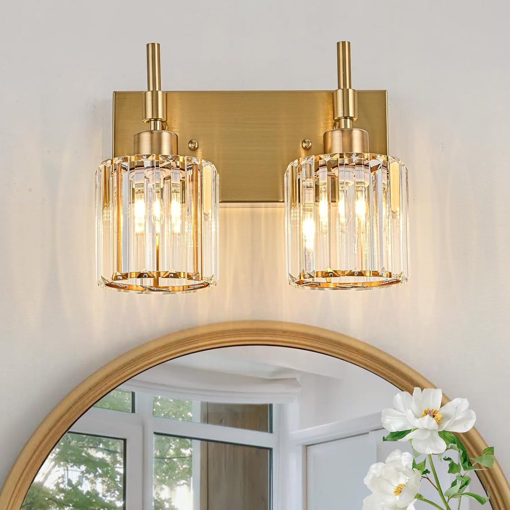 Gold Bathroom Light Fixtures,2 Light Crystal Vanity Light Fixtures for Bathroom,Modern Brass Lights Over Mirror