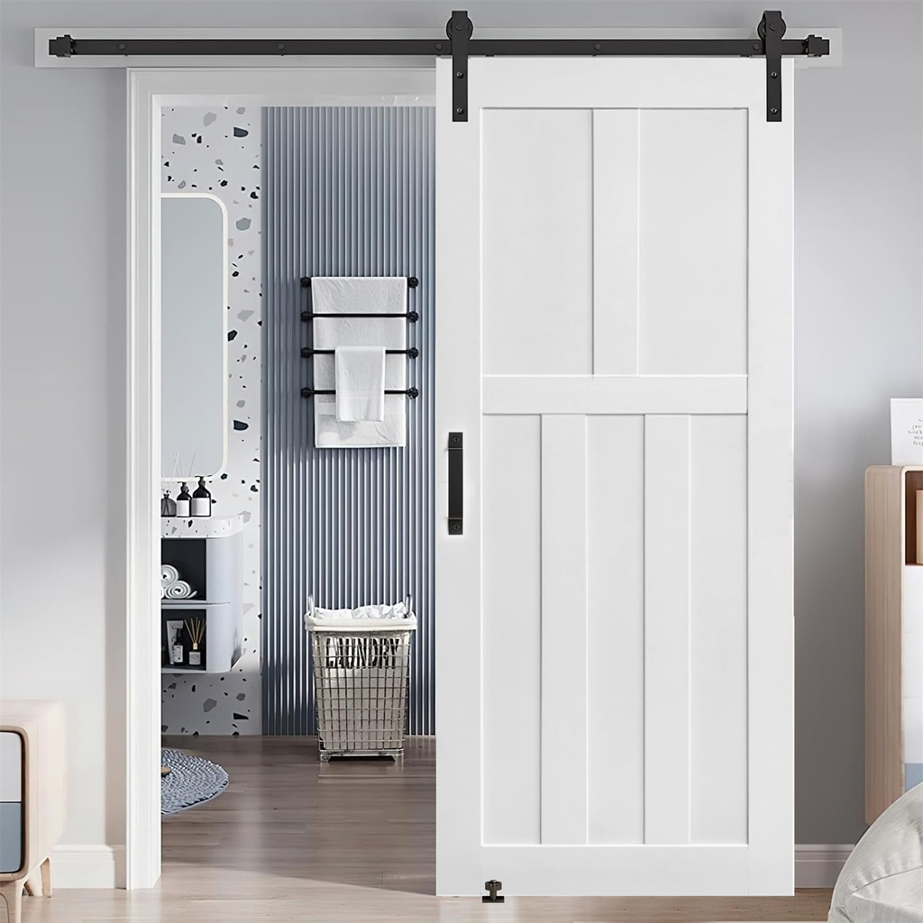 Five Panel Real Primed Door Slab, DIY Panel Door, Modern Interior Barn Door, Moisture-Proof, Anti-Deformation, Pre-Drilled Ready to Assemble, Suitable for Pre-Hung and Barn Door (White, 32" x 84")