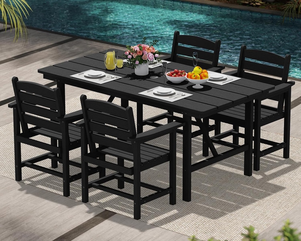 Outdoor HDPE Dining Set, 5 Pieces Outdoor Furniture with Large Table& 4 Chairs, All-Weather Patio Dining Set for Lawn, Garden, Backyard, Poolside, Black