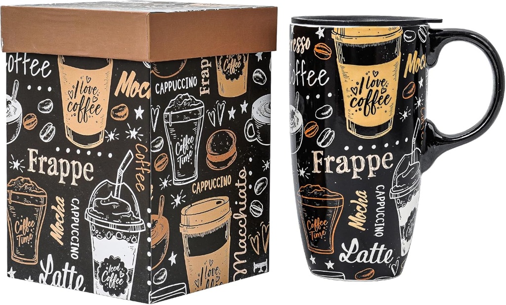 Topadorn Coffee Ceramic Mug Porcelain Latte Tea Cup With Lid in Present Box 17oz,Coffee Art