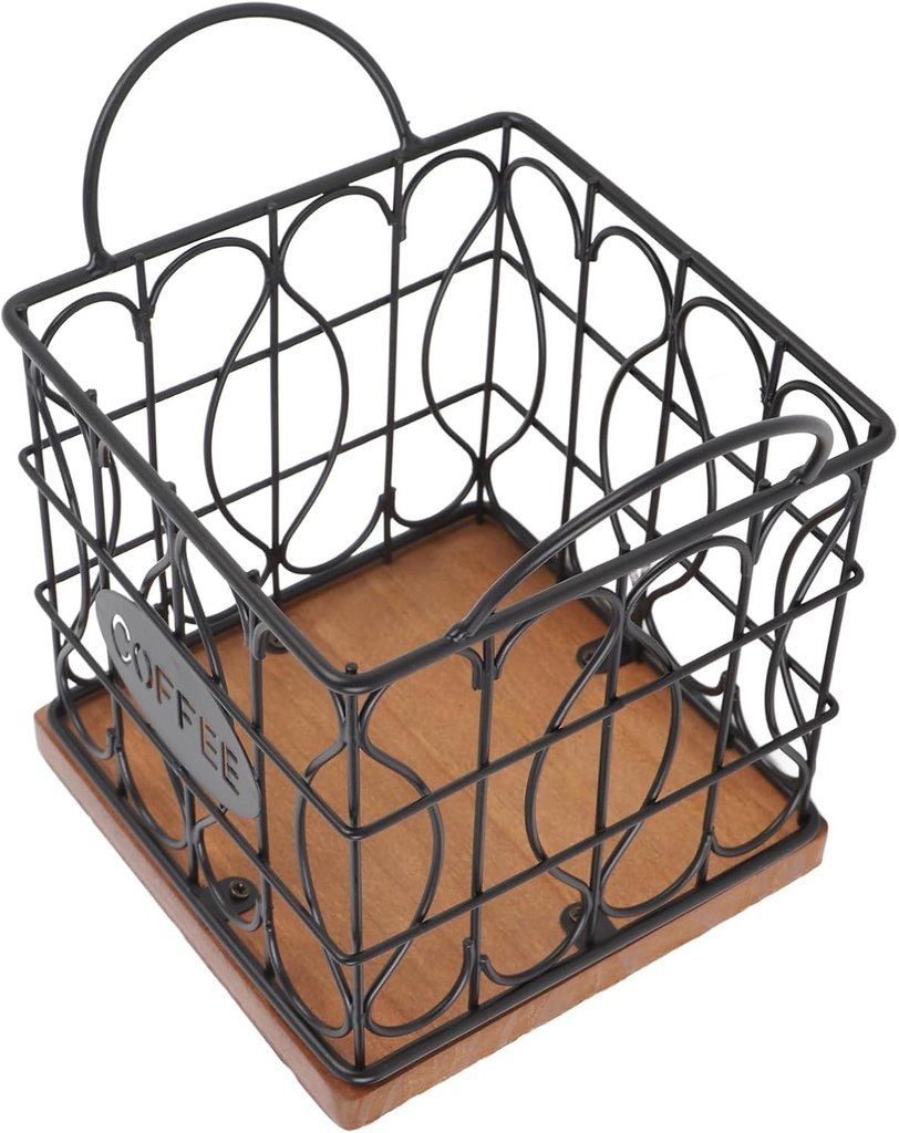 Generic Coffee Pod Holder Organizer, Sturdy Metal Structure Coffee Pod Storage Basket Elegant Wide Opening Stable Wood Base Fade for Kitchen Countertop