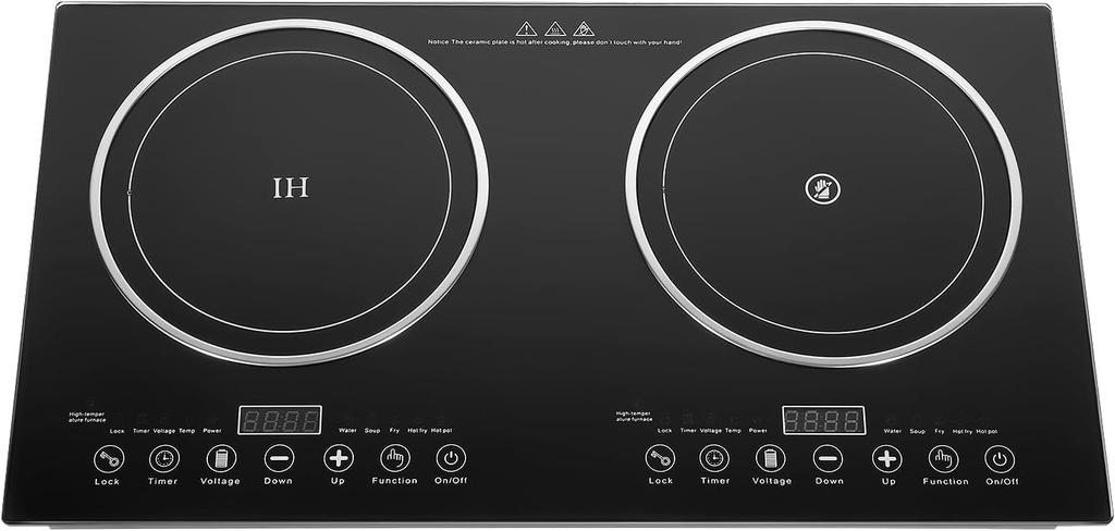 Bacocoo Portable 2400W Double Induction Cooktop,Power Sharing Induction Burner Countertop 140-518°F and 10 Temp Power Settings with Digital Control and Time,LED Display,Black For Home Kitchen, Dorm.