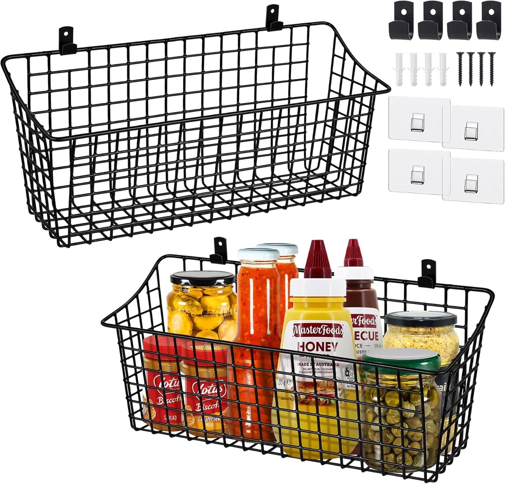 Large Wall Hanging Baskets - 2 Set Rustproof Rubber Coating Wall Shelving Organizers - Metal Wire Basket Storage No Drill Adhesive Wall Mount for Shower Kitchen Laundry Pantry Cabinet RV (Black)