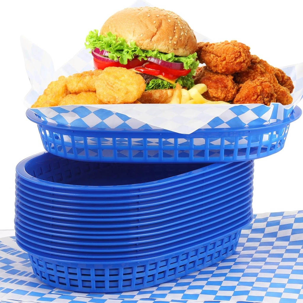 Uiifan 24 Pcs Fast Food Baskets with 100 Deli Liners Halloween Deli Food Baskets 10.5 x 7 Inch Serving Burger Chip Trays for Halloween Hot Dog Hamburger Bread Picnic(Blue)