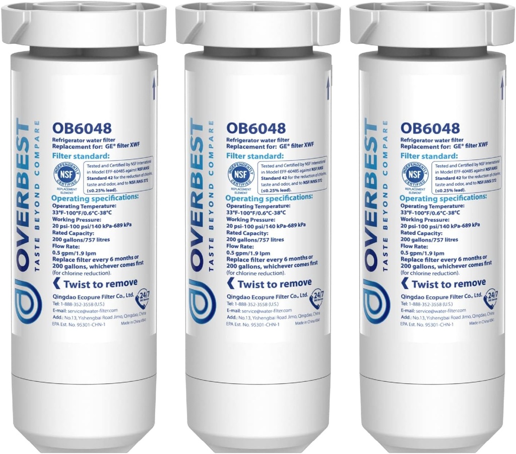 Overbest XWF Replacement for GE® XWF Refrigerator Water Filter, 3 Packs (Not XWFE®)