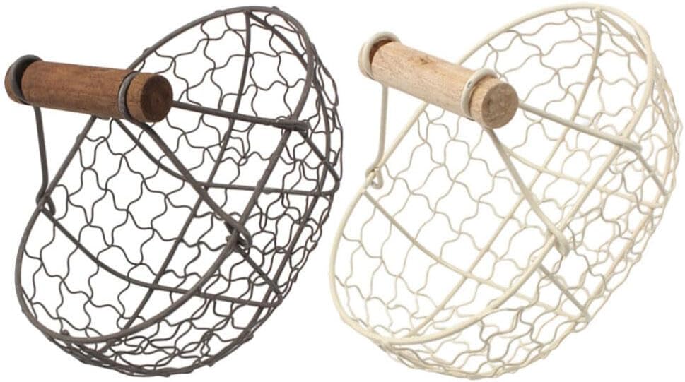 Veemoon 2pcs Chicken Wire Egg Baskets,Fruit Storage Basket with Wood Handle for Pantry, Closets, Kitchen Fruits, Veggies, Snacks (Grey black+)