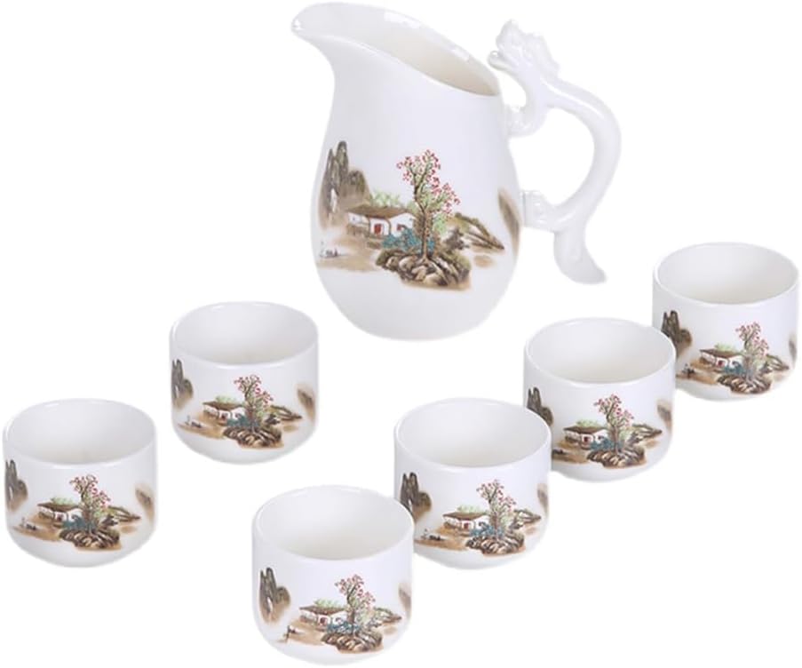 Ceramic Sake Cup Set Black,7 Pieces Traditional Japanese Handmade Sake Cup Set With 6 Sake Cups,1 Sake Pot With Dragon Handle Design,Porcelain Cups Crafts Gifts R