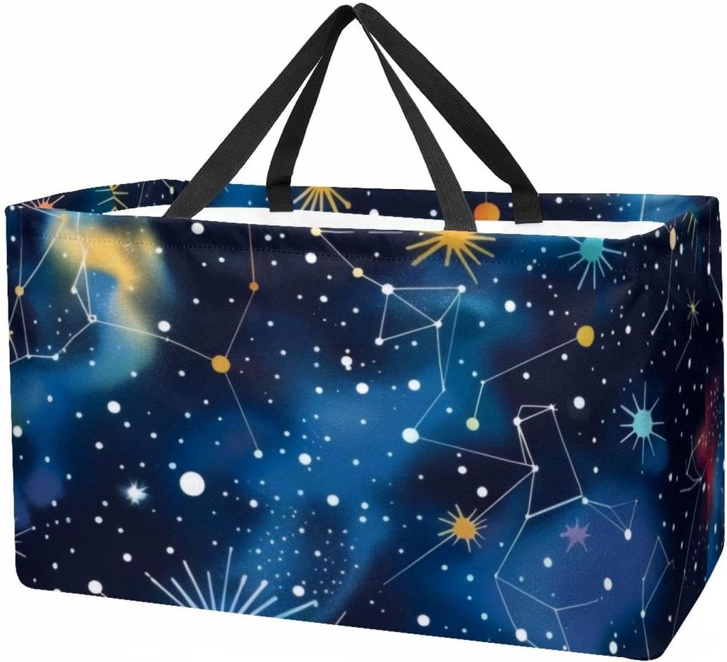 Reusable Grocery Bag Galaxy Constellation Seamless Pattern Large Stand Up Tote Shopping Bag with Reinforced Handles