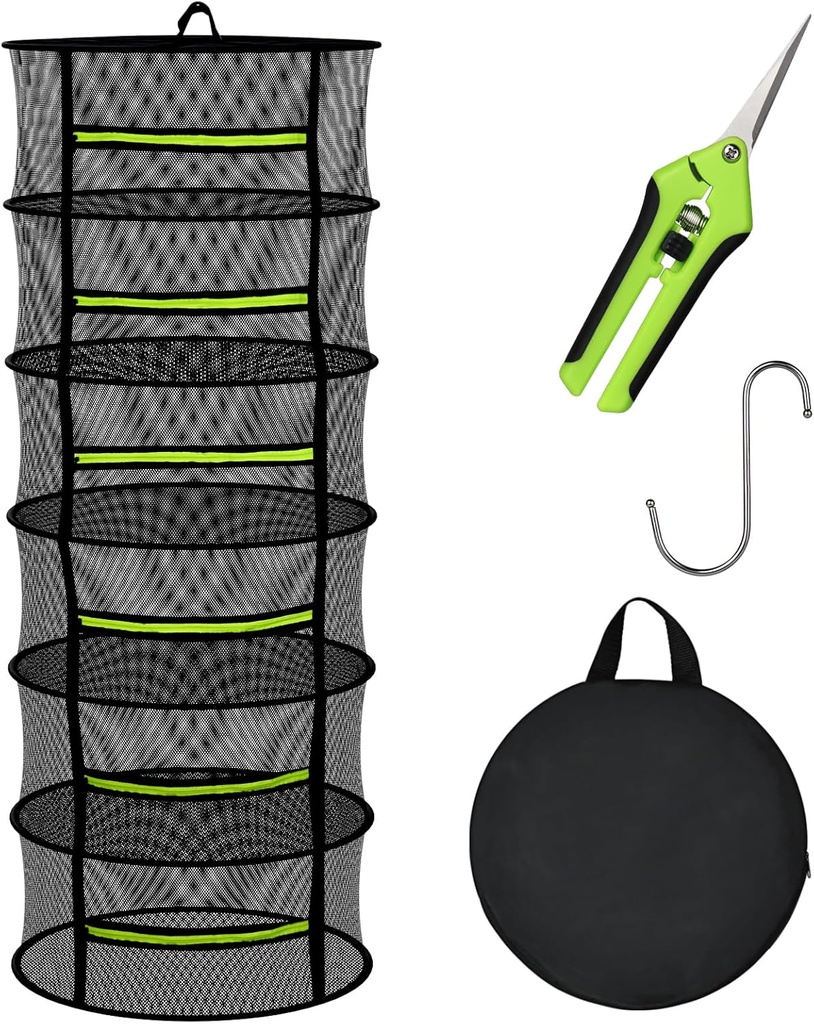 Herb Drying Rack with Mesh Design, Hanging Drying Rack with Green Zipper & Garden Pruning Shears – Versatile Plant Drying Solution (6 Layers)