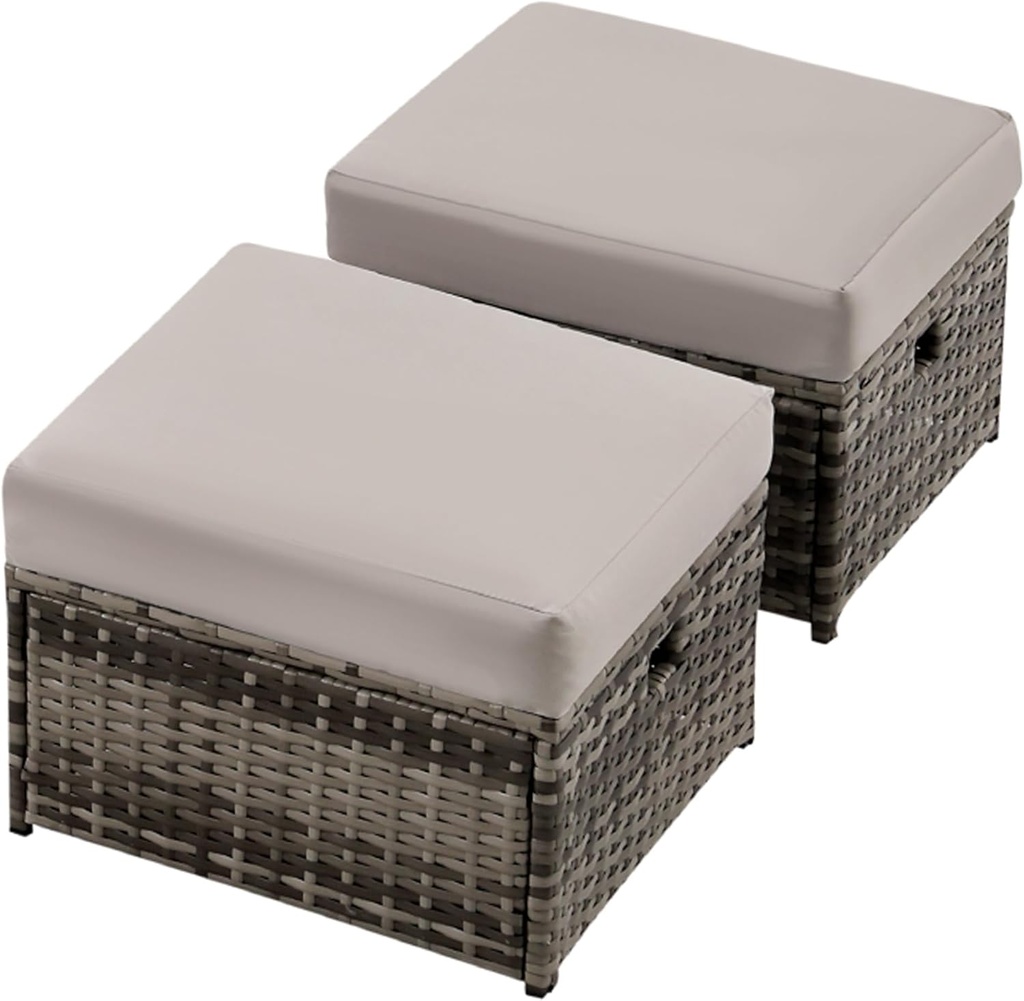 FHFO 2 Pieces Outdoor Patio Ottoman, All Weather Rattan Footstool Footrest Seat with Removable Cushions for Wicker Patio Furniture-Grey