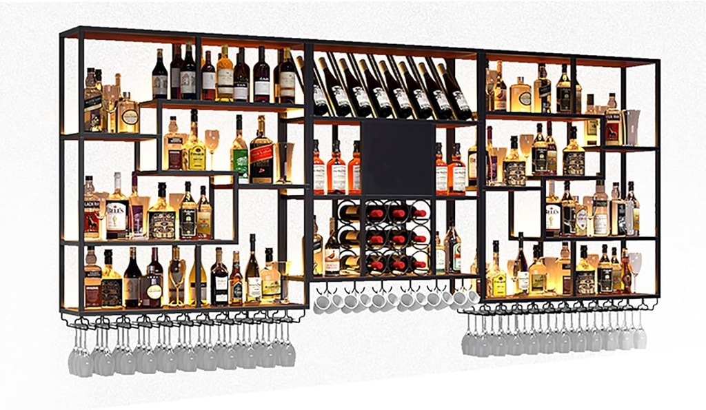 Modern Wall Mounted Wine Rack,Hanging Liquor Bottles Shelves With Wine Glass Holder,Large Metal Wine Bottle Display Shelf,Floating Wine Storage For Bar,Wine Cellar,Coffee(Black,200x120cm(78.7x47.3in))