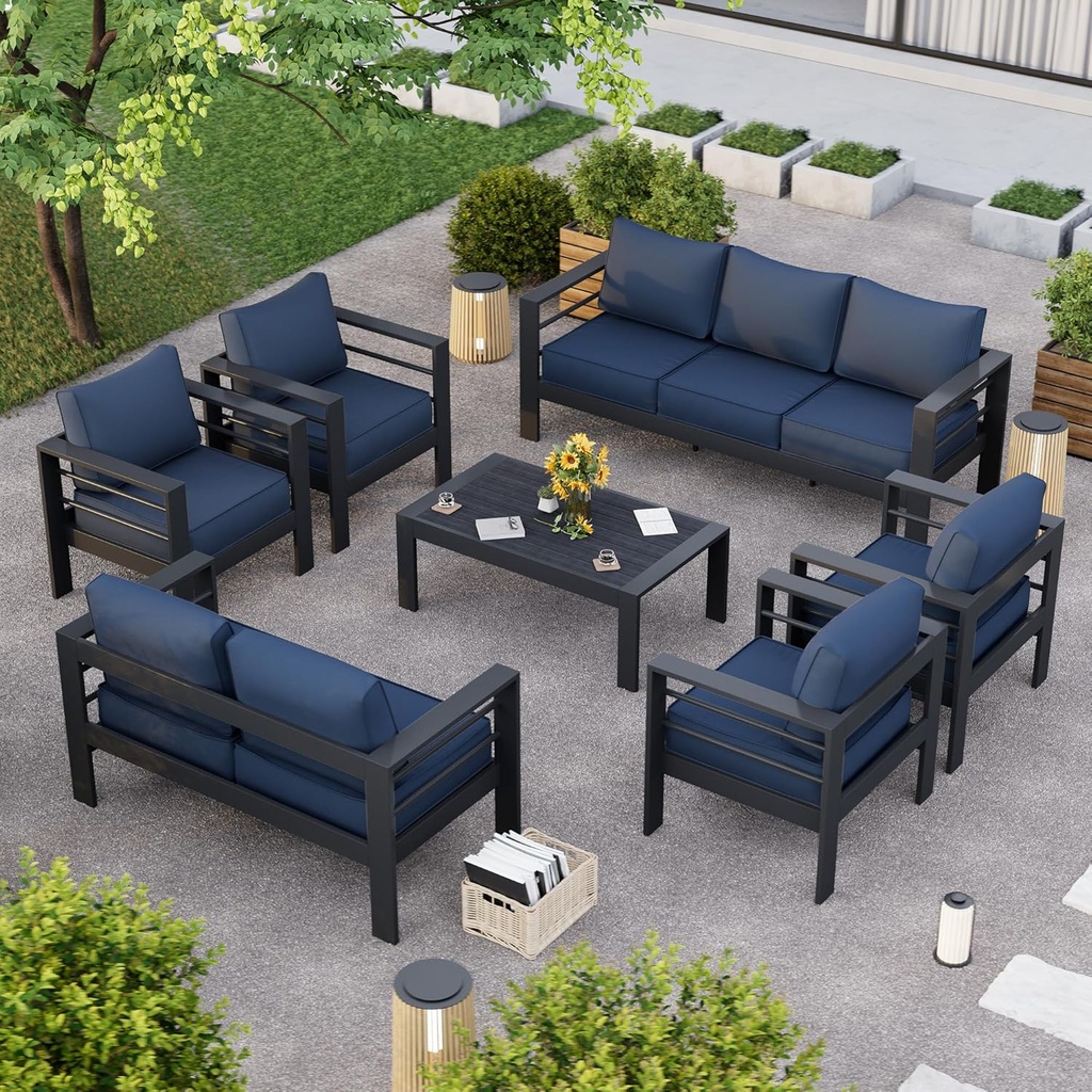 Aluminum Patio Furniture Set, 7 Piece Metal Outdoor Furniture Set, Patio Set with Waterproof Covers for Backyard Garden（Blue&Grey）
