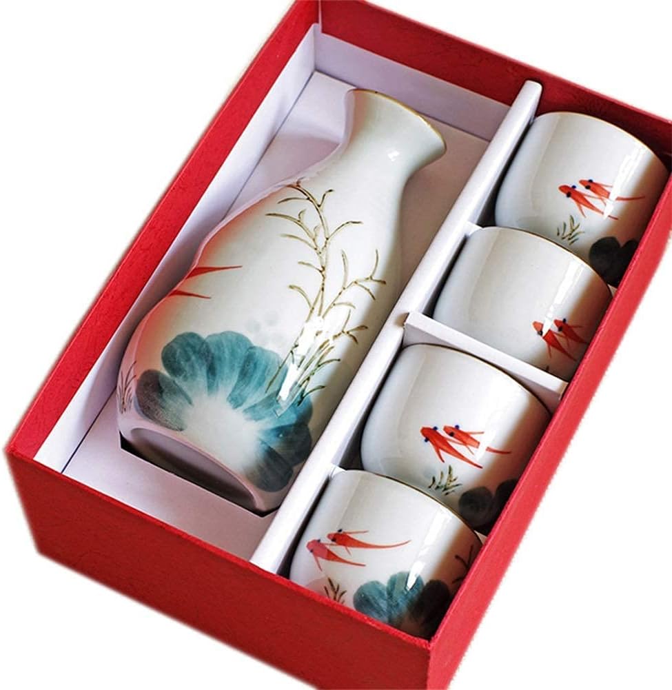 Sake Set of Cup, Wine Glass Set,Ceramic Cups, Crafts Wine Glasses,5 Pieces Japanese Style Traditional Retro Porcelain Crafts Gift Box Package,Ideal for Japanese Sake