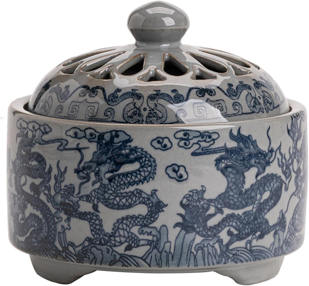 Ceramic Garlic Keeper with Breathable Bamboo Lid - Airtight Garlic Storage Container for Kitchen Countertop, Hand-Glazed Blue & White Garlic Jar with Non-Slip Base