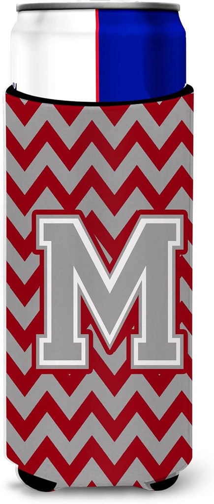 Letter M Chevron Crimson and Grey Ultra Beverage Insulators for slim cans