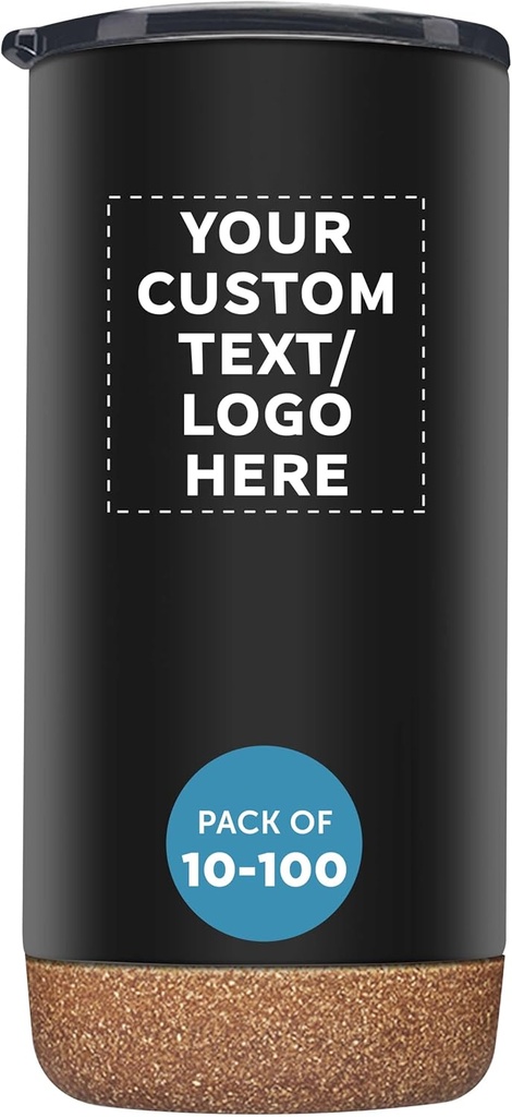 DISCOUNT PROMOS Custom Tumblers Cork Bottom 16 oz Set of 10/50/100 Personalized Bulk Pack Double Wall Insulated Matte Finish Iced Coffee Soda - Black